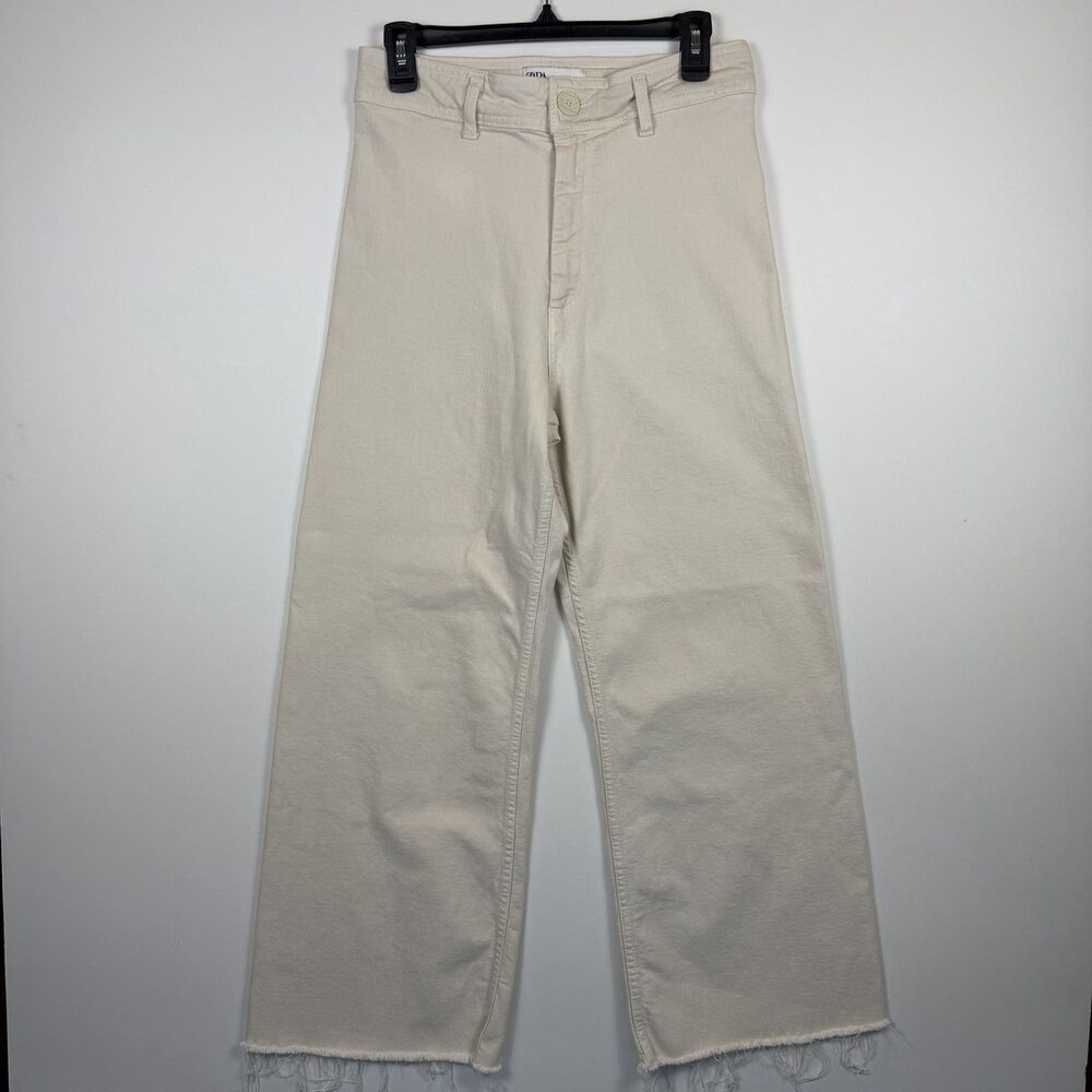 Zara Marine Straight Cream Denim Jeans Raw Hem Wide Leg Size 8 28” Inseam - Picture 2 of 12